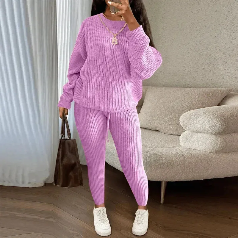 Casual Knitted Women's Suit – Crew Neck Pullover & Slim Trousers Set for Autumn/Winter
