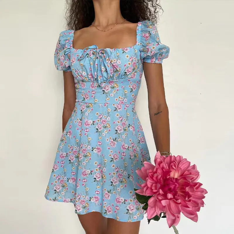 Floral High-Waist Bubble Sleeve Dress
